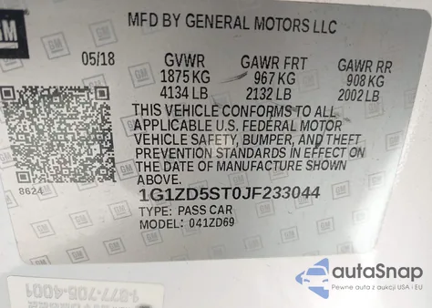 2018 Chevrolet Malibu Lt z USA, uszkodzony, nr VIN 1G1ZD5ST0JF233044